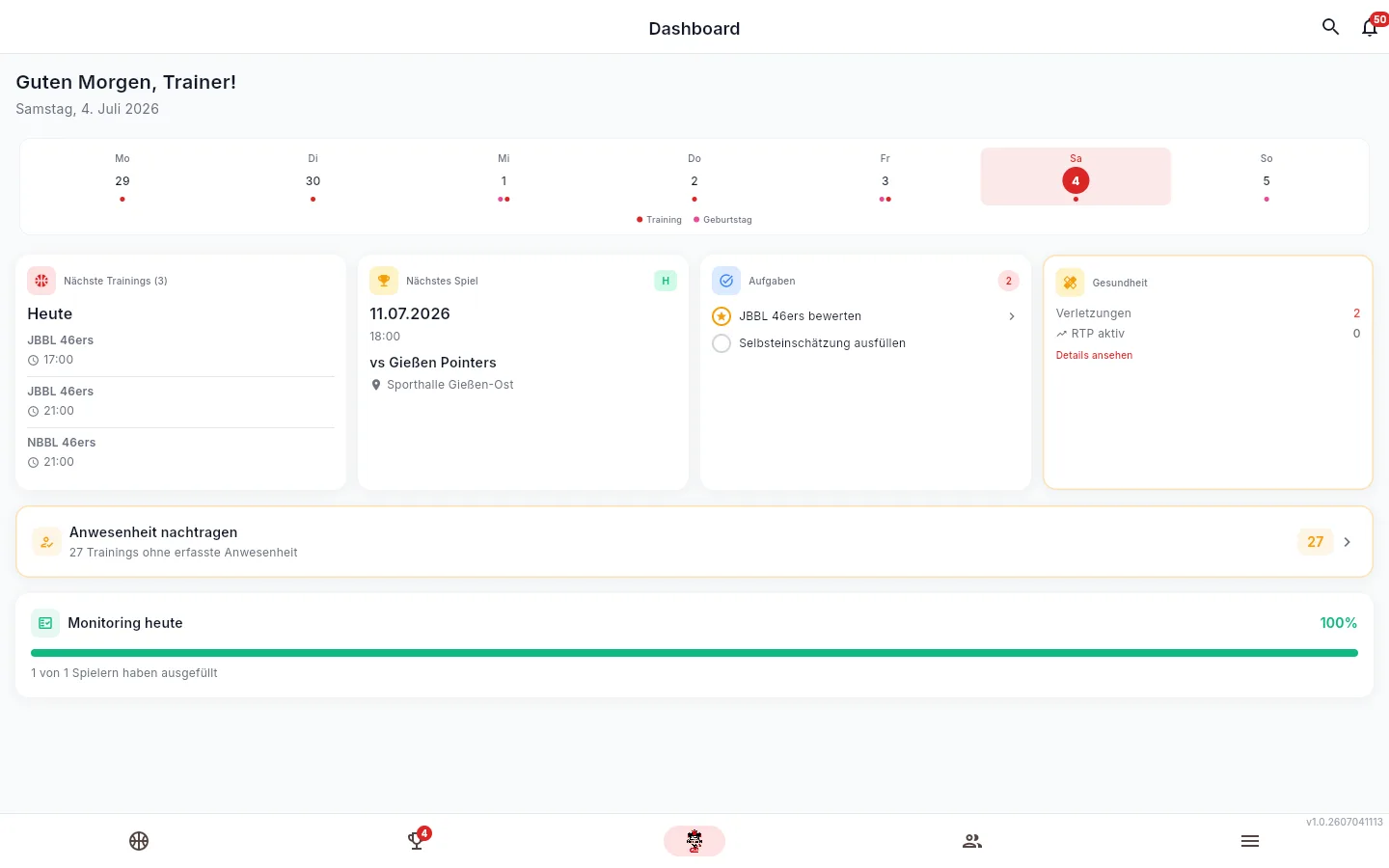 CourtCloud Staff-Dashboard — anstehende Trainings, nächstes Spiel, Aufgaben und Team-Monitoring auf einen Blick